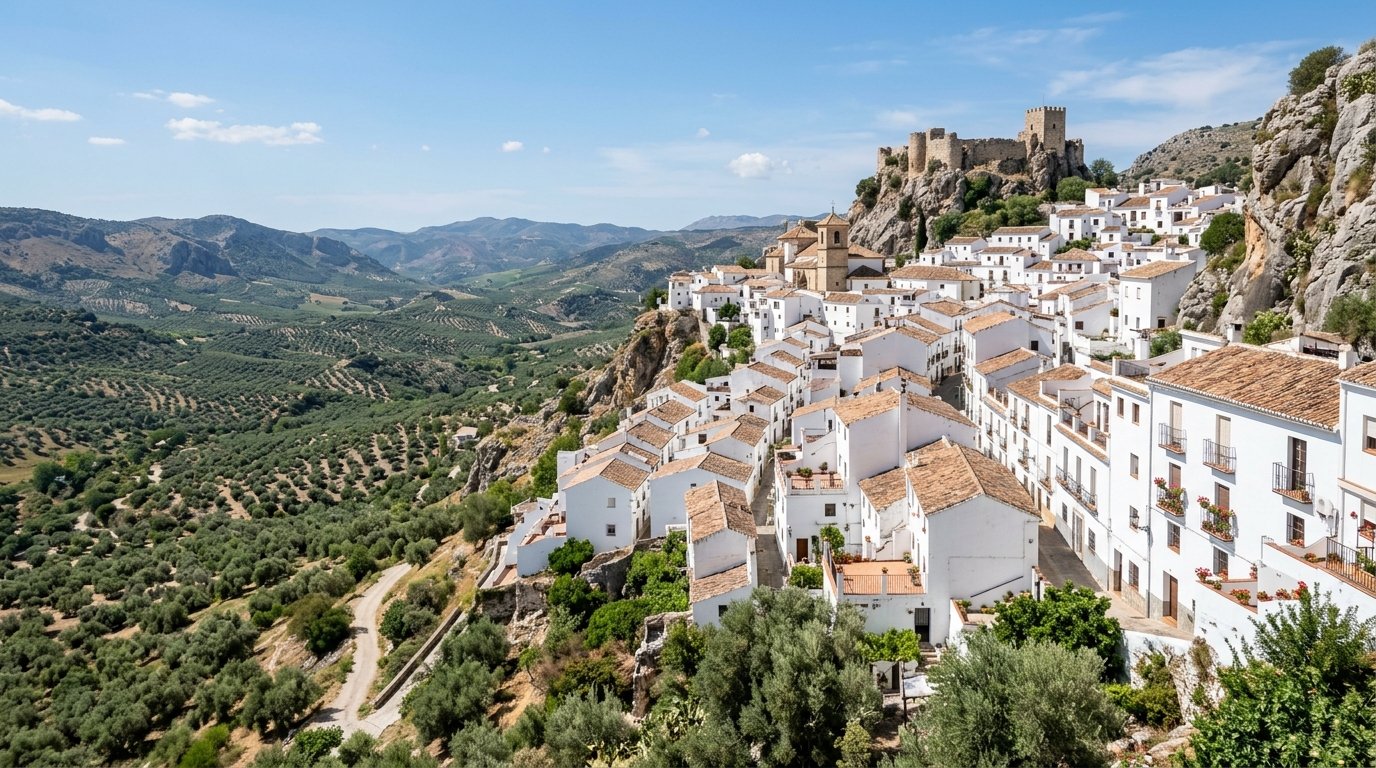 Weißes Bergdorf in Andalusien mit Blick ins Tal