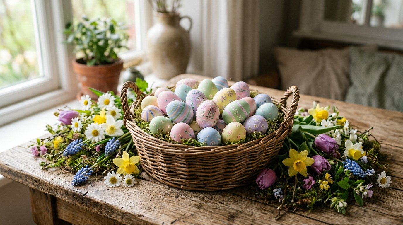 Bemalte Ostereier in einem Korb mit Frühlingsblumen