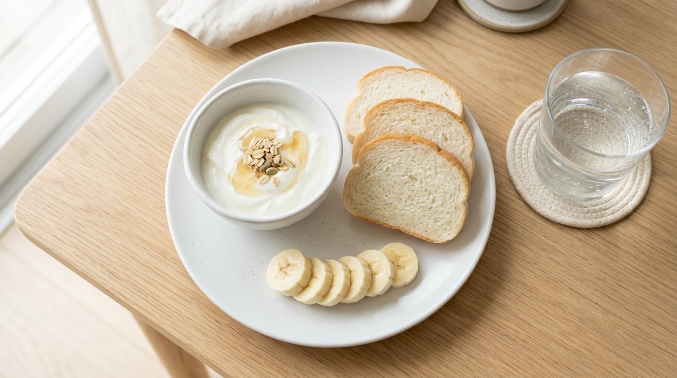 Helle, milde Mahlzeit mit Joghurt und Brot auf einem Tisch