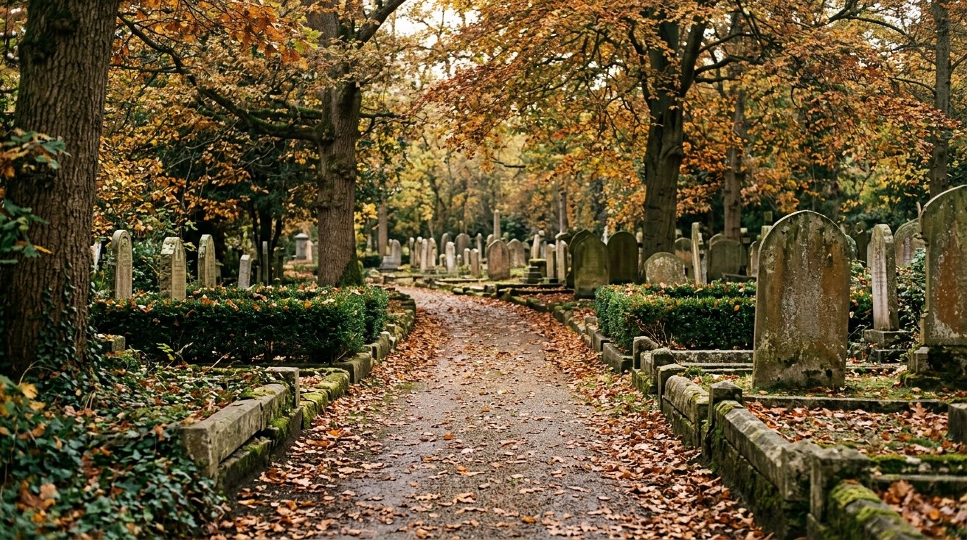 Ruhiger Friedhofsweg mit Bäumen im Herbstlicht