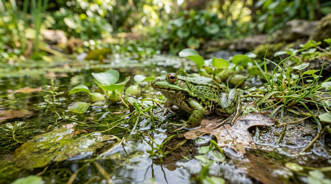 Frosch am seichten Ufer eines naturnahen Gartenteichs