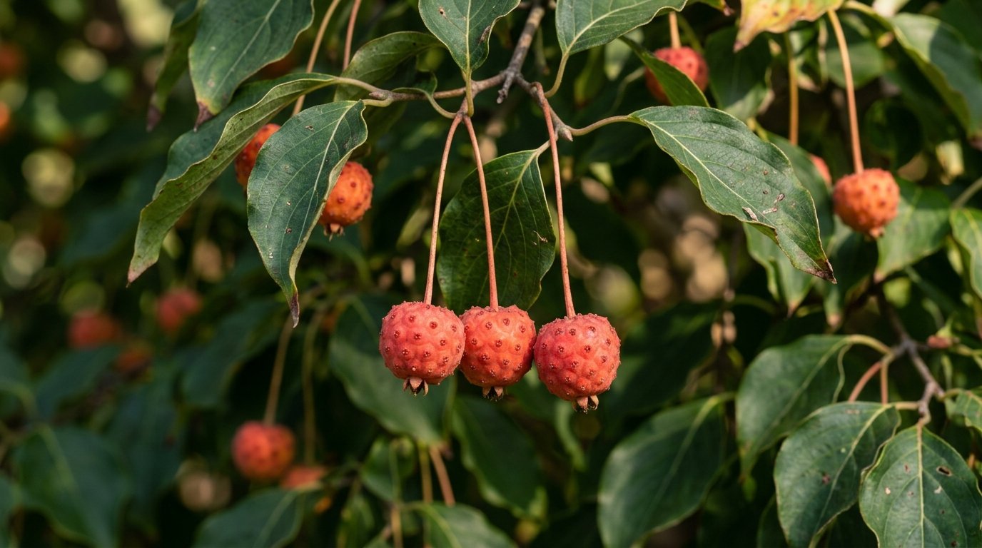 Rote erdbeerartige Früchte am Zweig des Blumenhartriegels