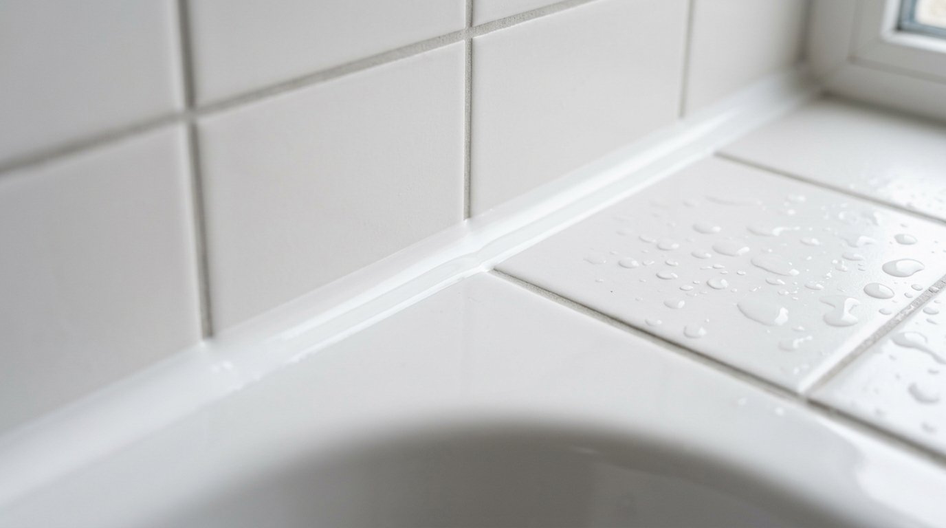 Frisch gezogene weiße Silikonfuge zwischen Badewanne und Fliesen