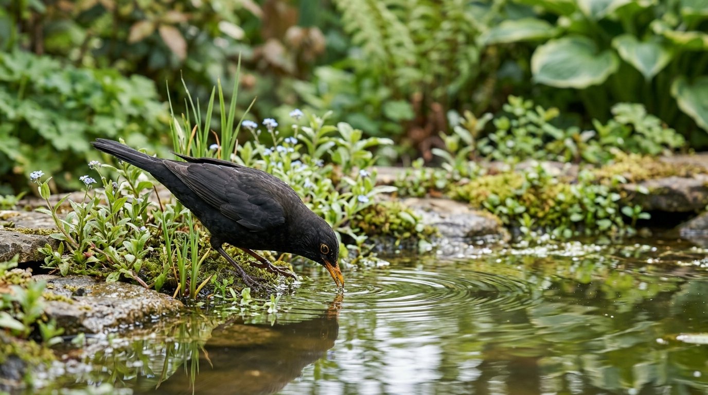 Amsel am Rand eines Gartenteichs zwischen Pflanzen