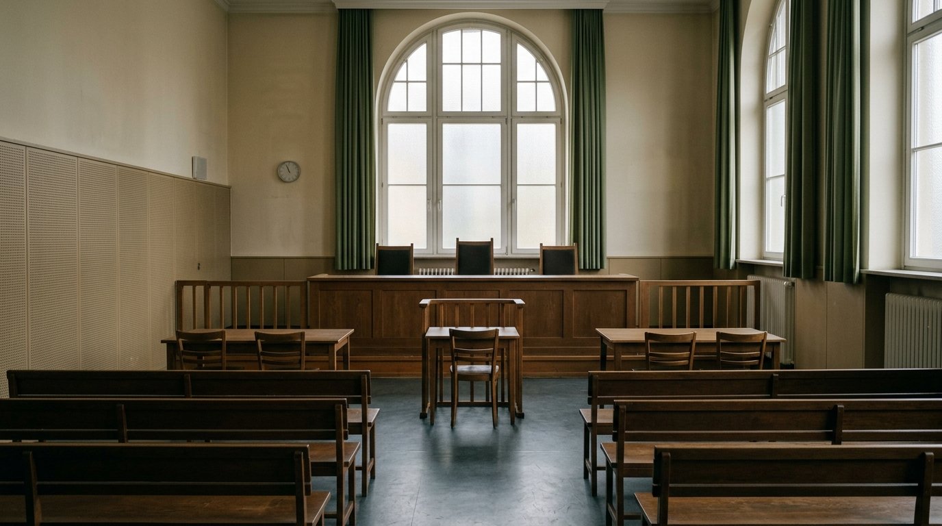 Gerichtssaal mit Richtertisch und leeren Stühlen