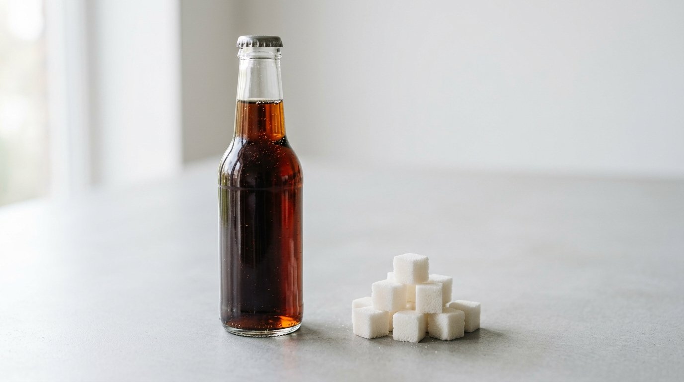 Getränkeflasche neben einem Stapel Zuckerwürfel