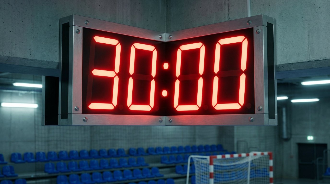 Anzeigetafel und Spieluhr in einer Handballhalle