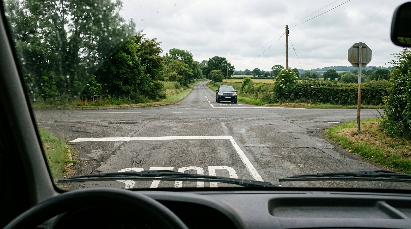 Haltlinie vor einer Kreuzung aus der Fahrerperspektive