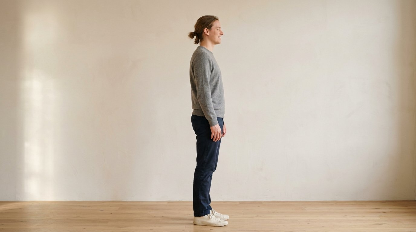 Person mit aufrechter Haltung im Profil vor einer hellen Wand