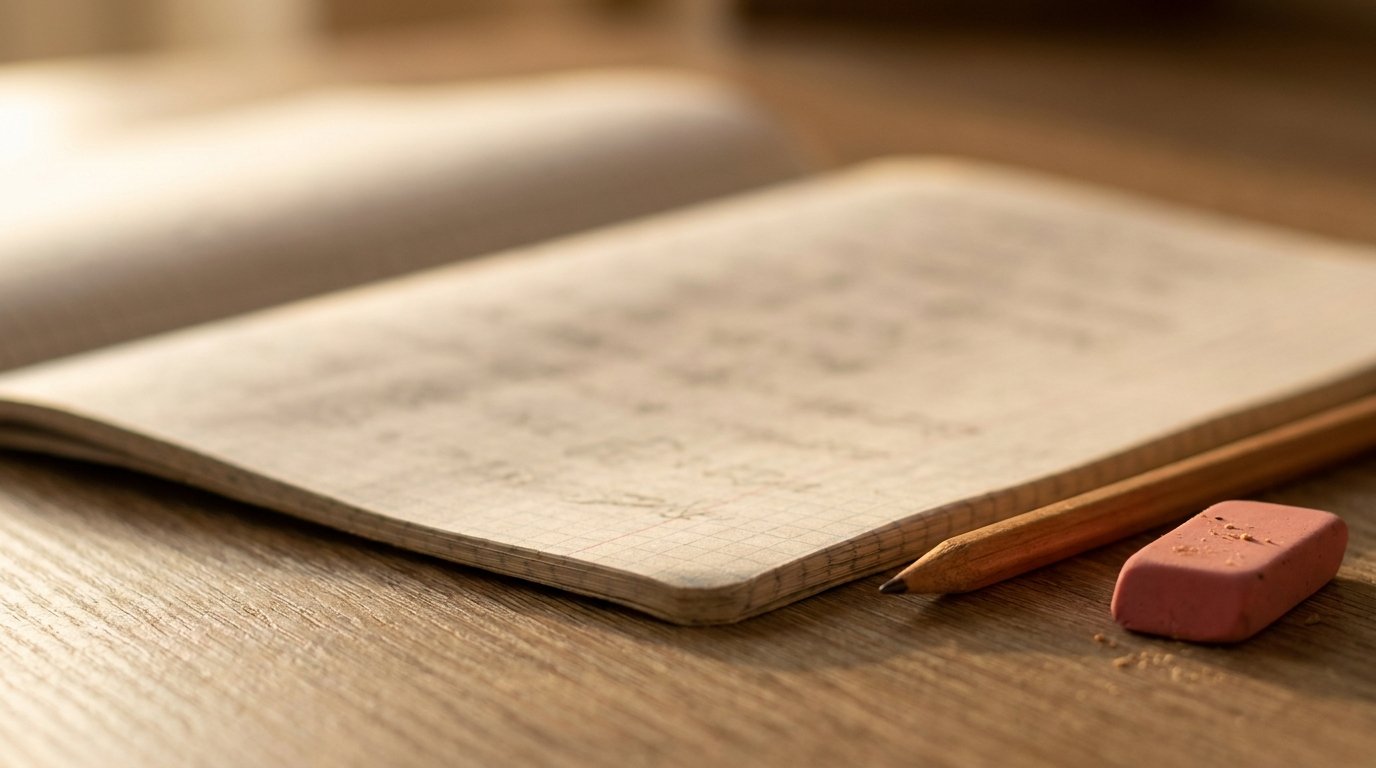 Rechenheft mit Additionsaufgaben und Bleistift