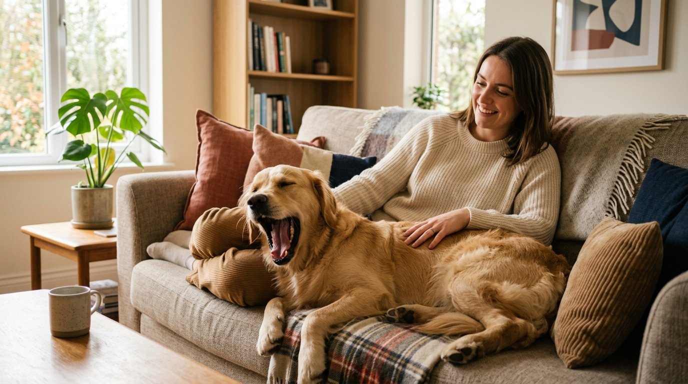 Hund gähnt neben seinem Halter auf dem Sofa