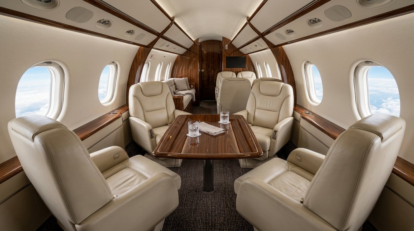 Kabine eines Business Jets mit Ledersitzen und Tisch