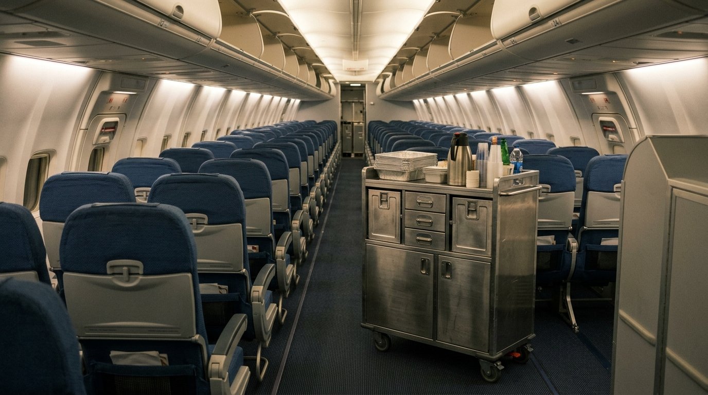 Flugzeugkabine mit Servicewagen im Gang