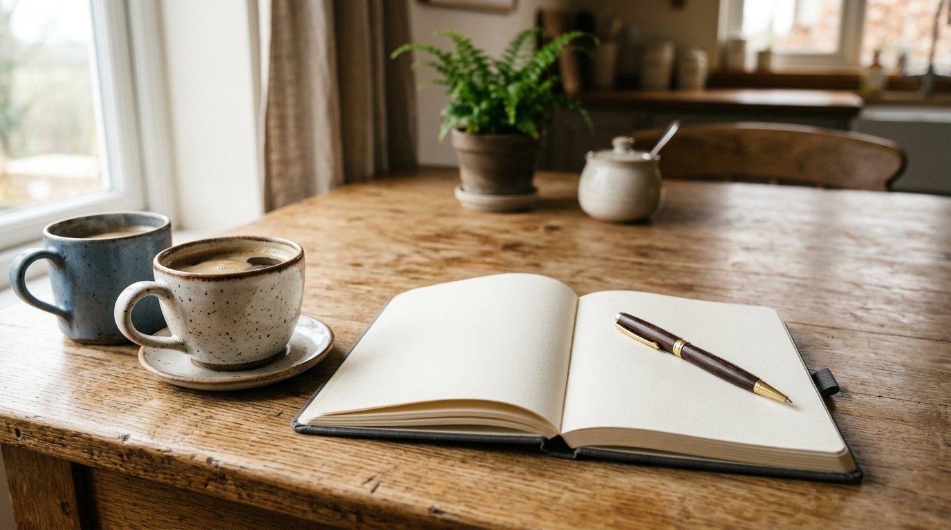 Zwei Kaffeetassen und aufgeschlagenes Notizbuch auf einem Küchentisch