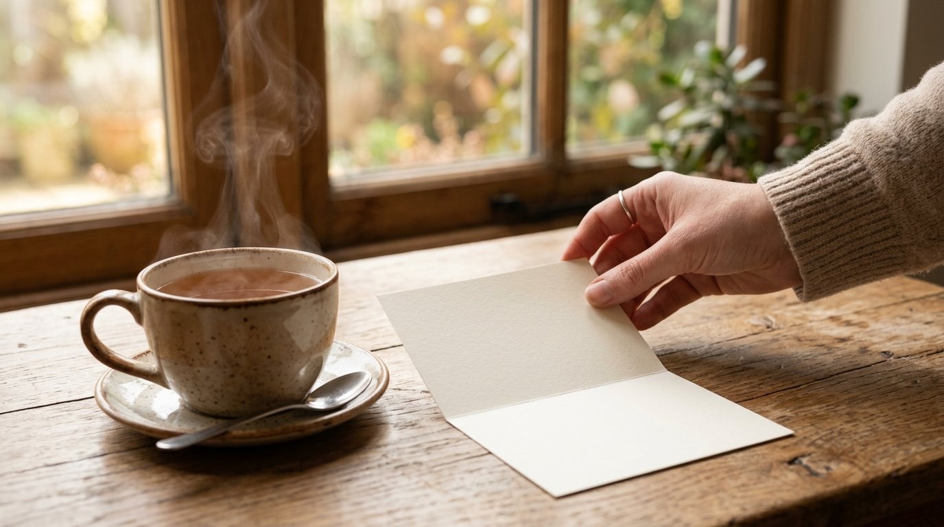 Handgeschriebene Genesungskarte neben einer Tasse Tee