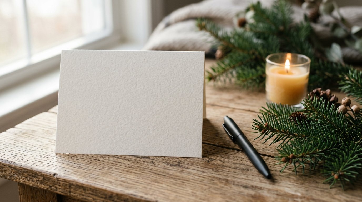 Handgeschriebene Weihnachtskarte neben Tannenzweigen und einer Kerze