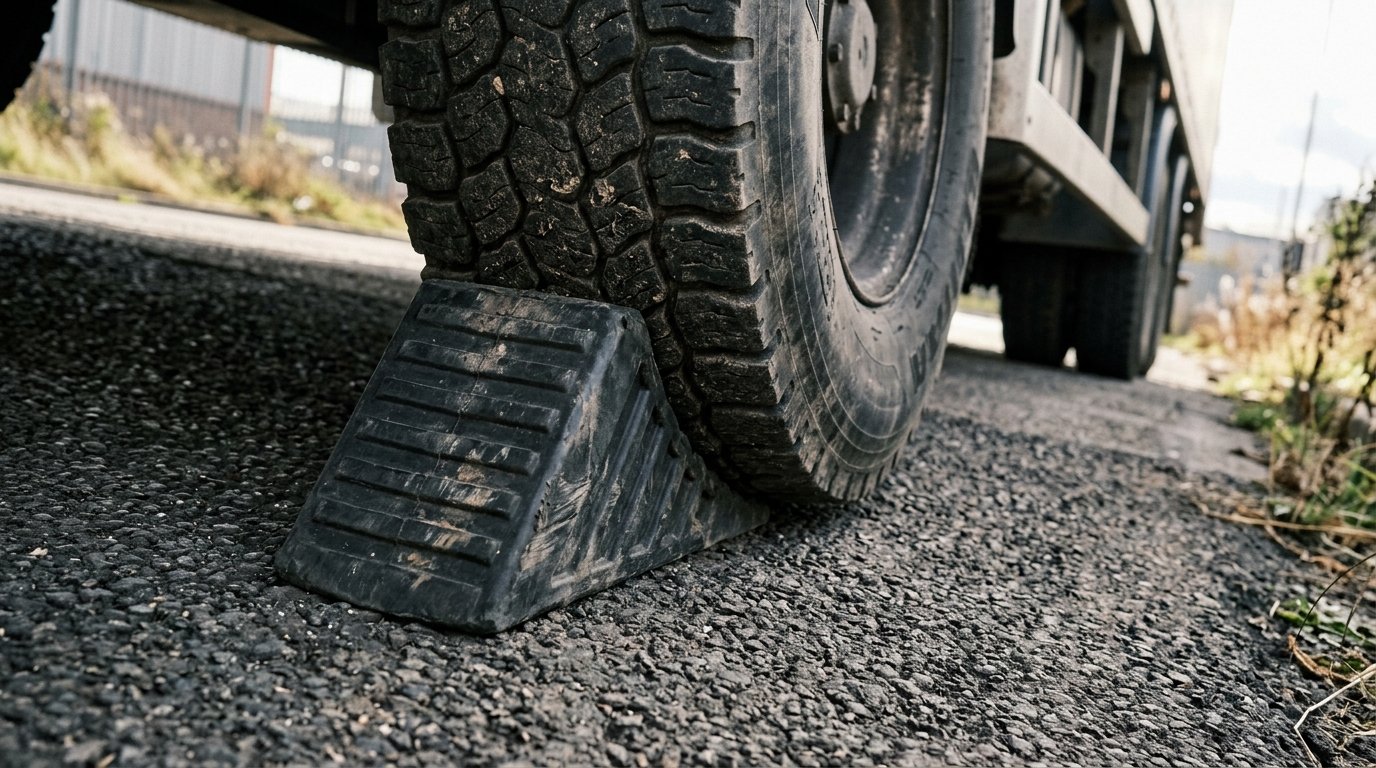 Unterlegkeil vor dem Hinterrad eines an einer Steigung geparkten Fahrzeugs