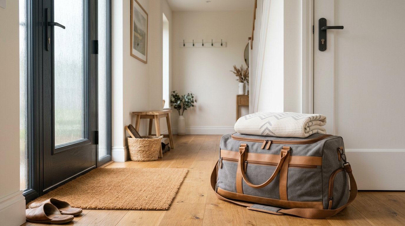 Gepackte Kliniktasche steht im Flur neben der Haustür