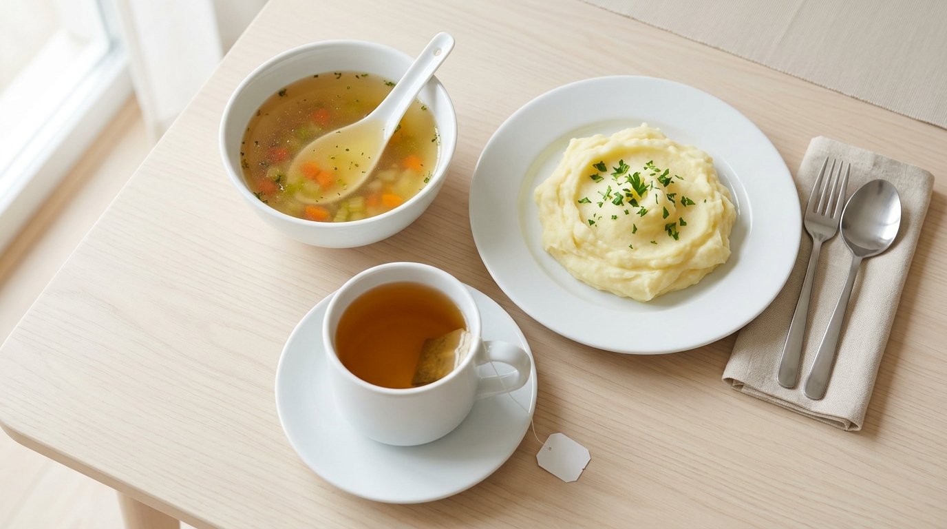 Weiche Mahlzeit mit Suppe und Kartoffelpüree auf einem Tisch