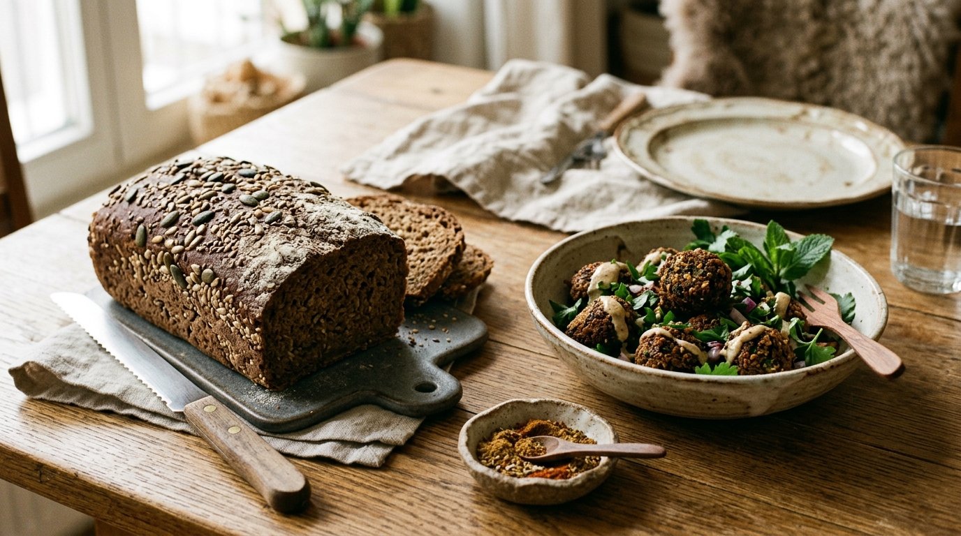 Kümmelbrot und orientalische Gewürzschale auf einem Holztisch