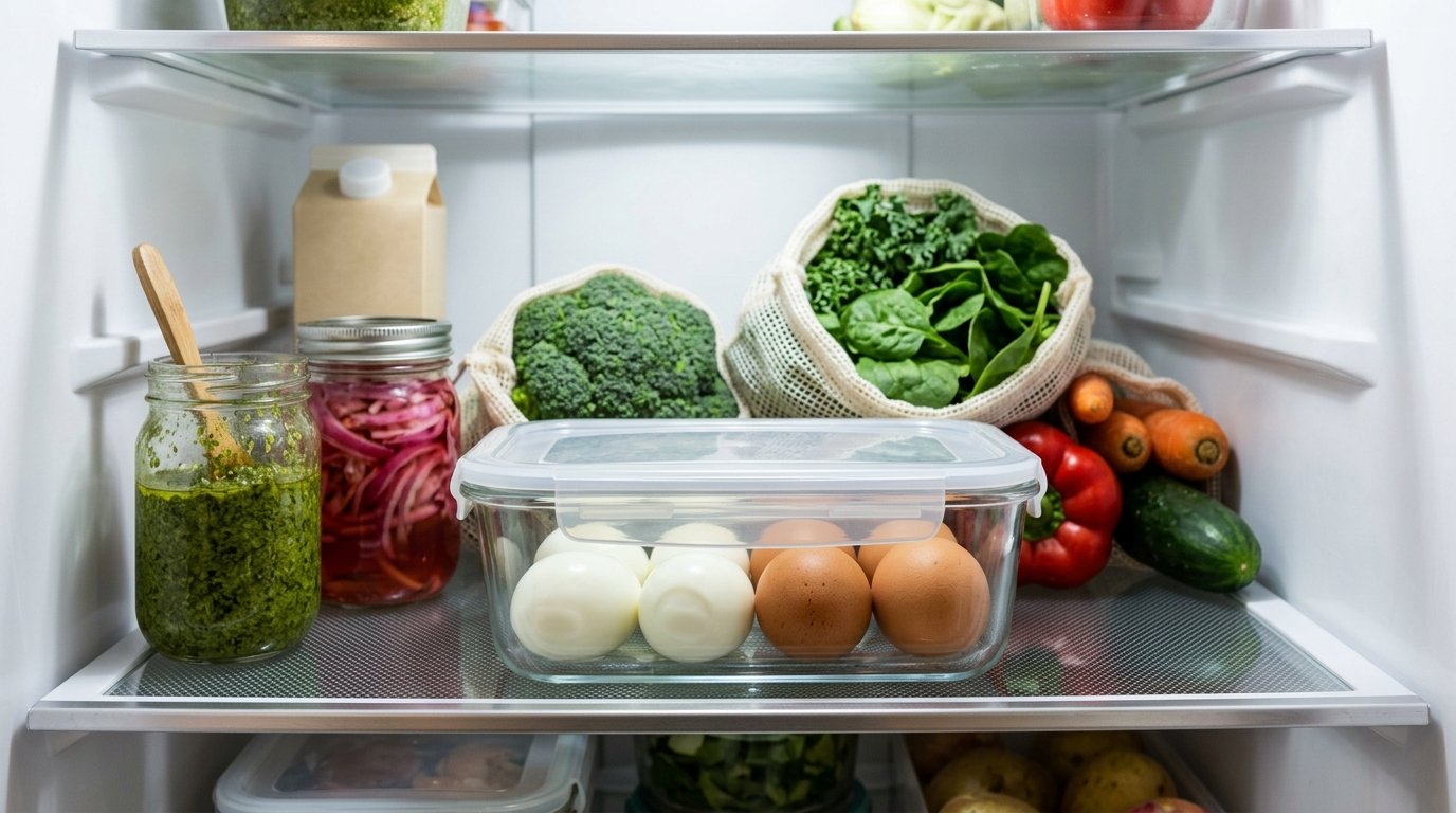 Hartgekochte Eier mit und ohne Schale in einer Glasdose im Kühlschrank