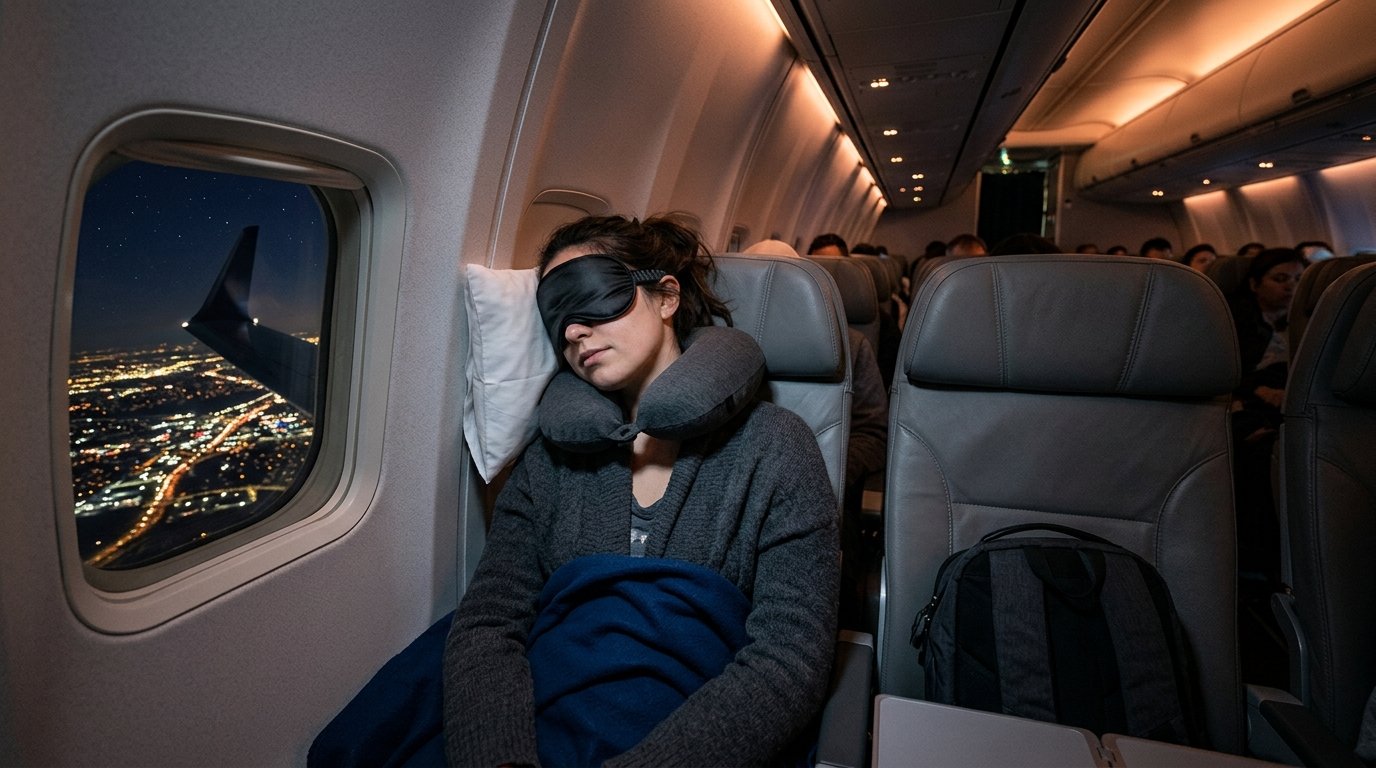 Reisende mit Nackenkissen schläft am Fensterplatz während eines Langstreckenflugs