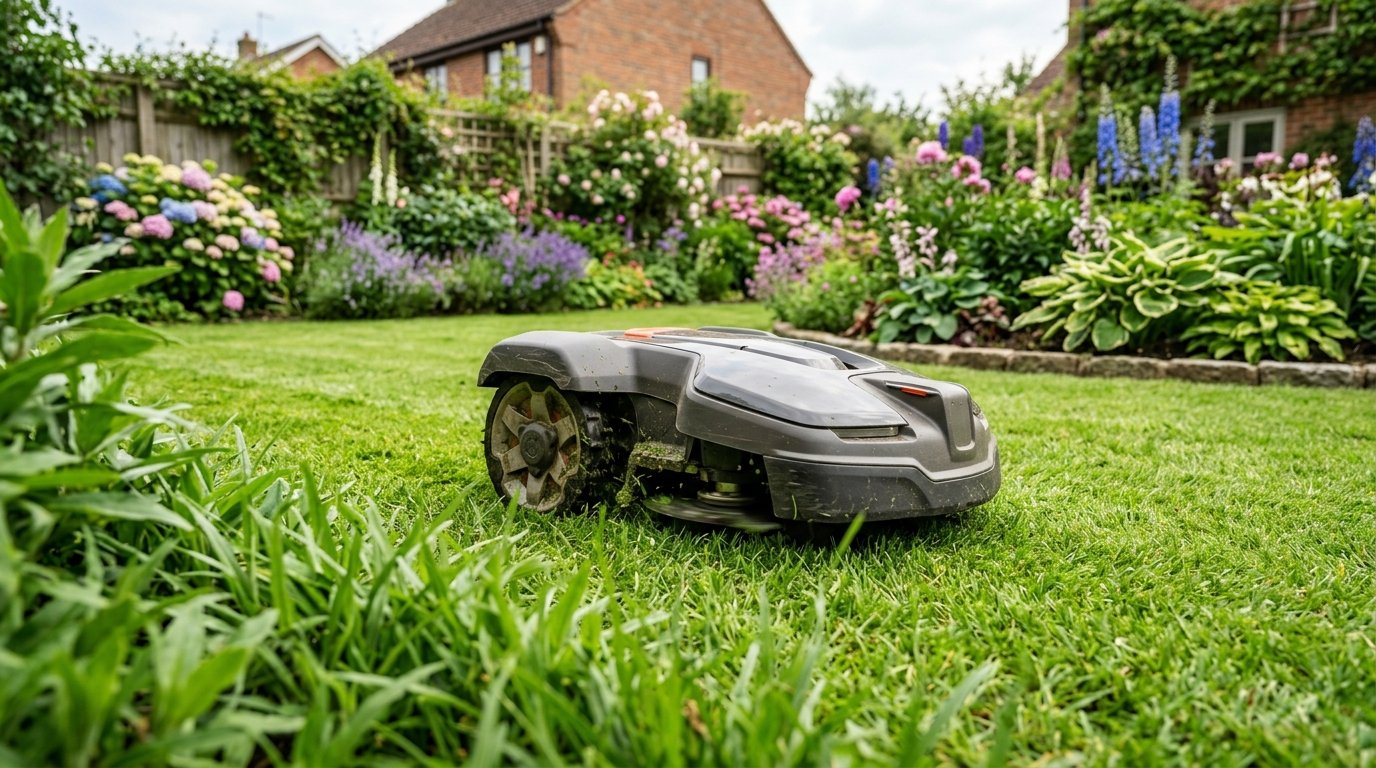 Mähroboter auf einem Rasen im Garten