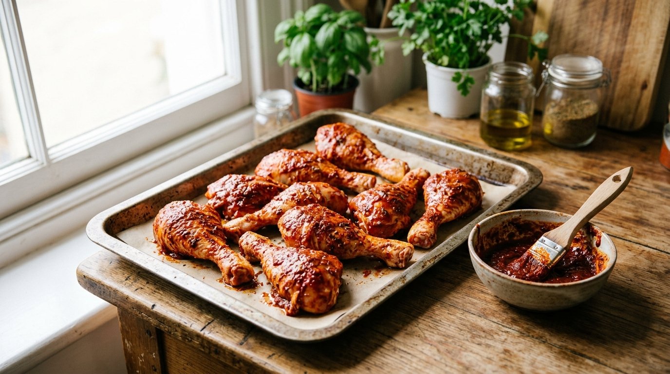 Marinierte Hähnchenschenkel auf einem Backblech vor dem Backen