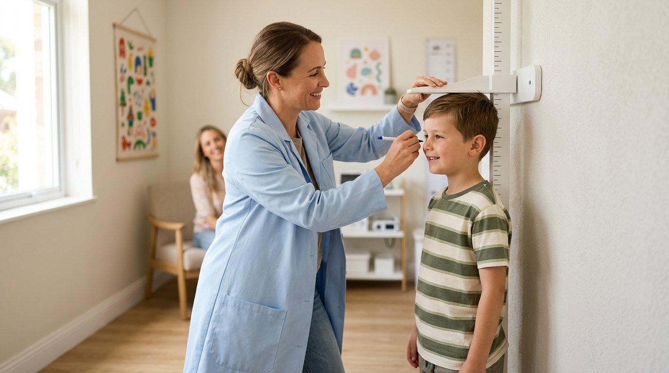 Kinderarzt misst die Körpergröße eines Jungen an der Messlatte