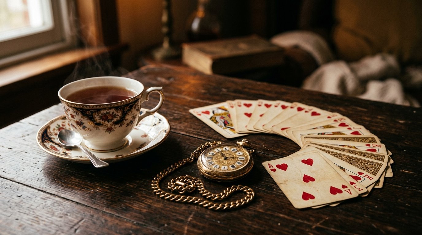 Illustration einer Teetasse, einer Taschenuhr und eines Spielkartenfächers
