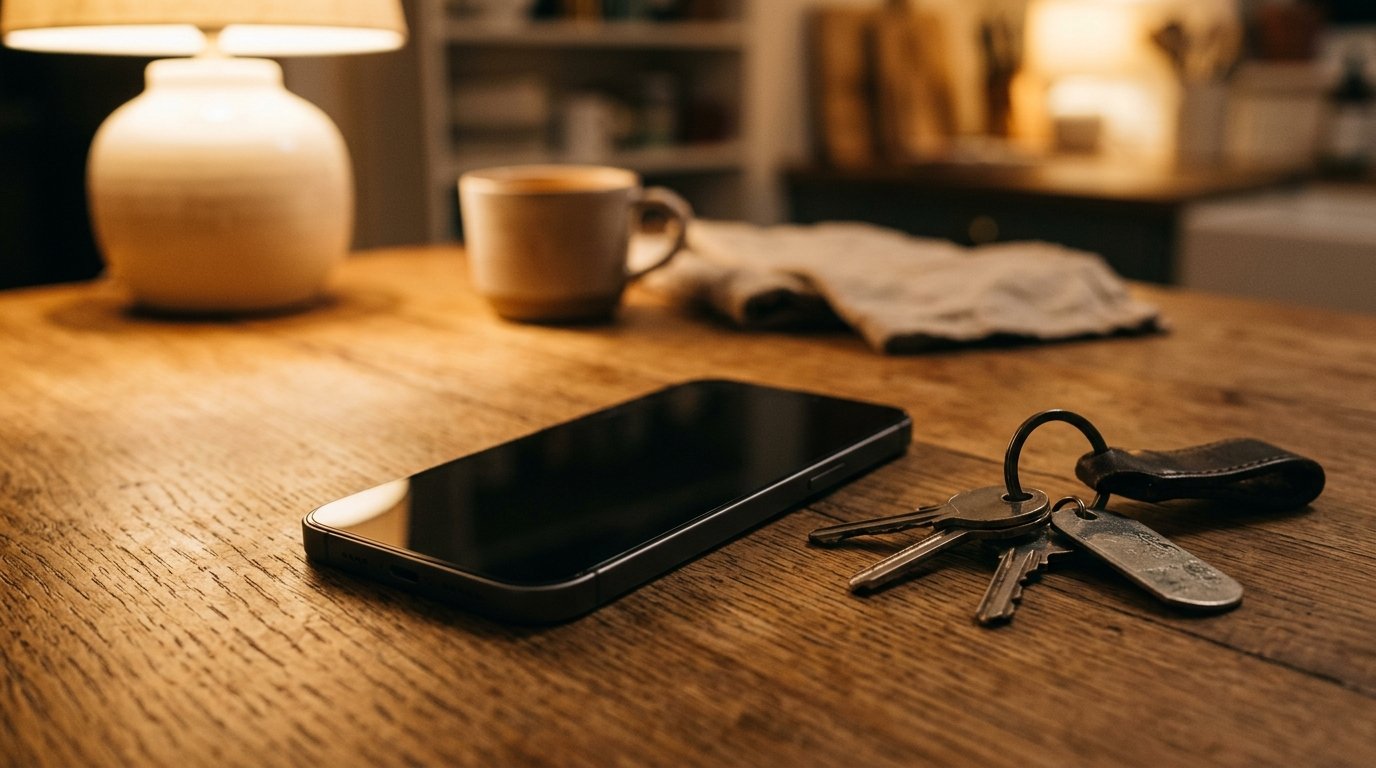 Handy mit Nachricht auf einem Tisch im Abendlicht