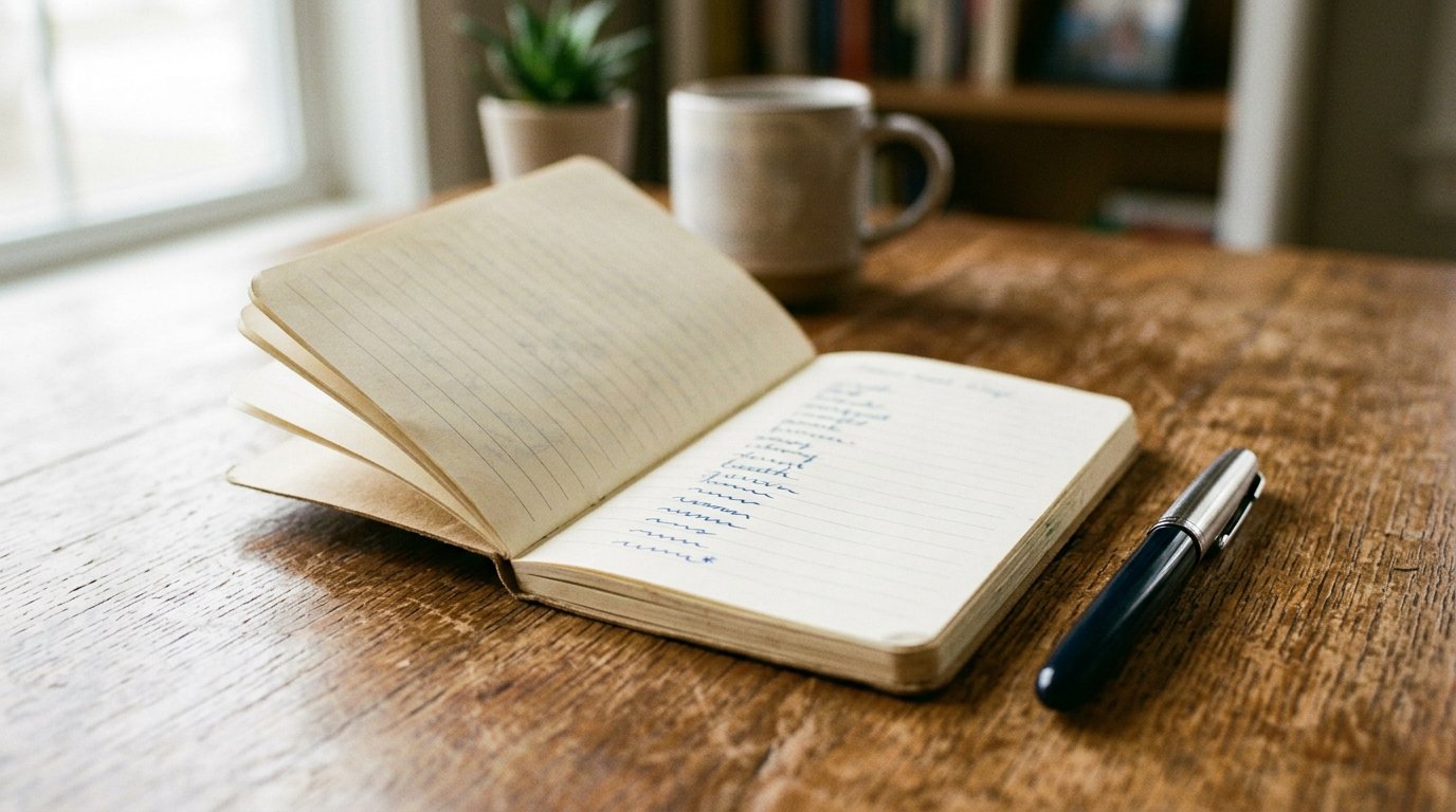 Handgeschriebene Liste mit Alternativen in einem Notizbuch