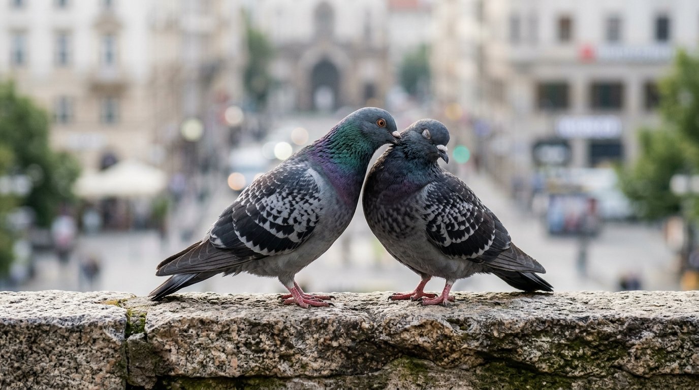 Zwei Stadttauben auf einem Mauervorsprung nebeneinander