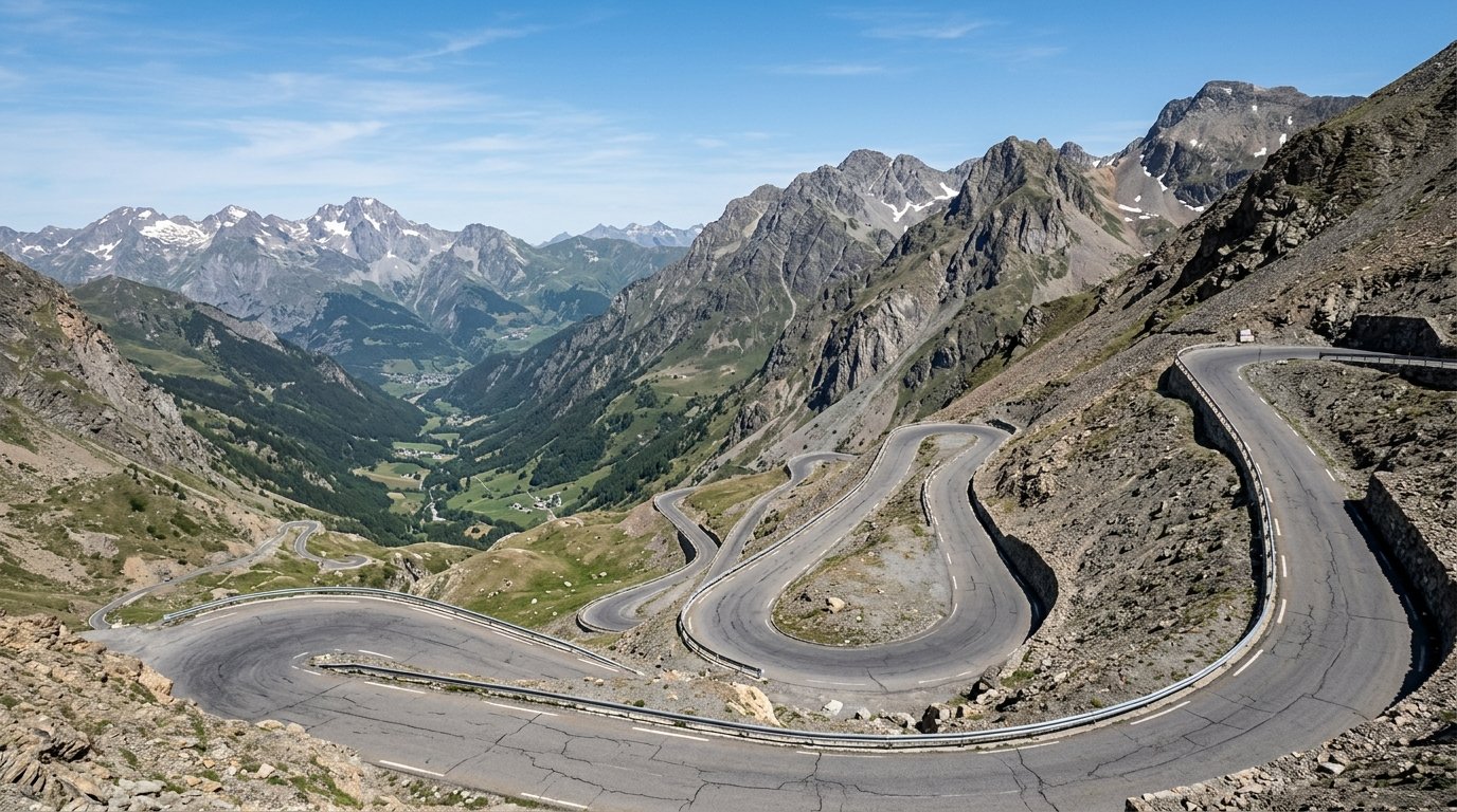 Passstraße mit Serpentinen und Blick ins Tal