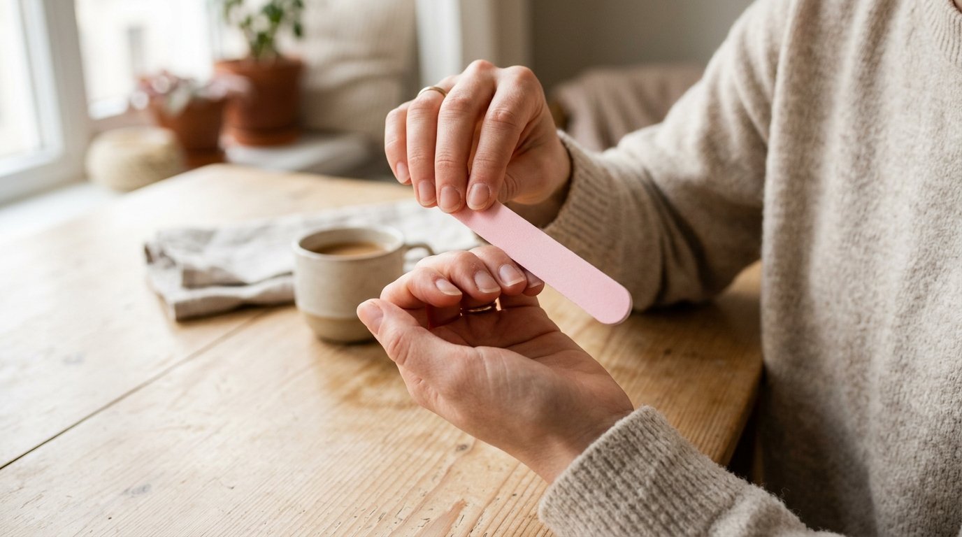 Nahaufnahme einer Hand beim Feilen der Fingernägel