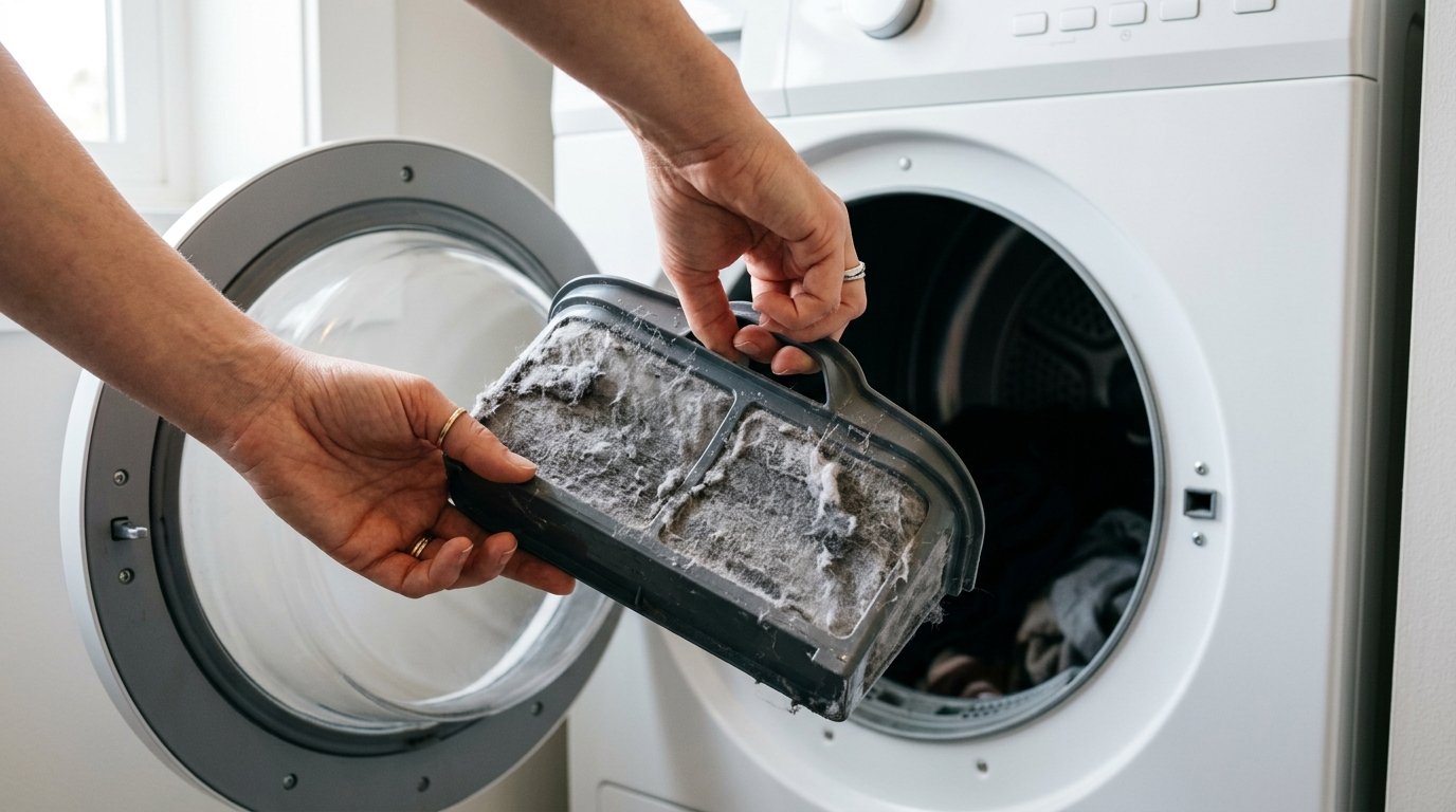 Flusensieb eines Wäschetrockners wird gereinigt