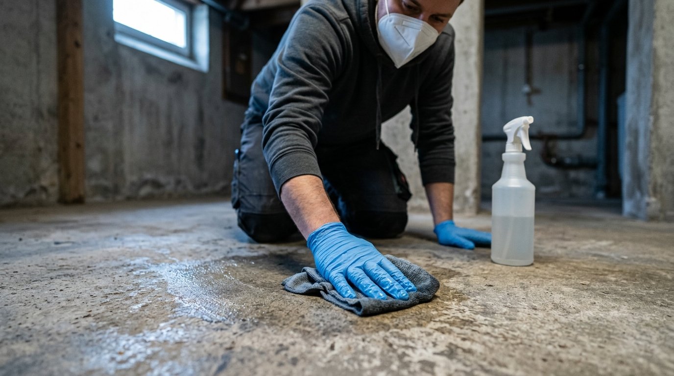 Person mit Handschuhen und Maske reinigt eine Stelle am Boden