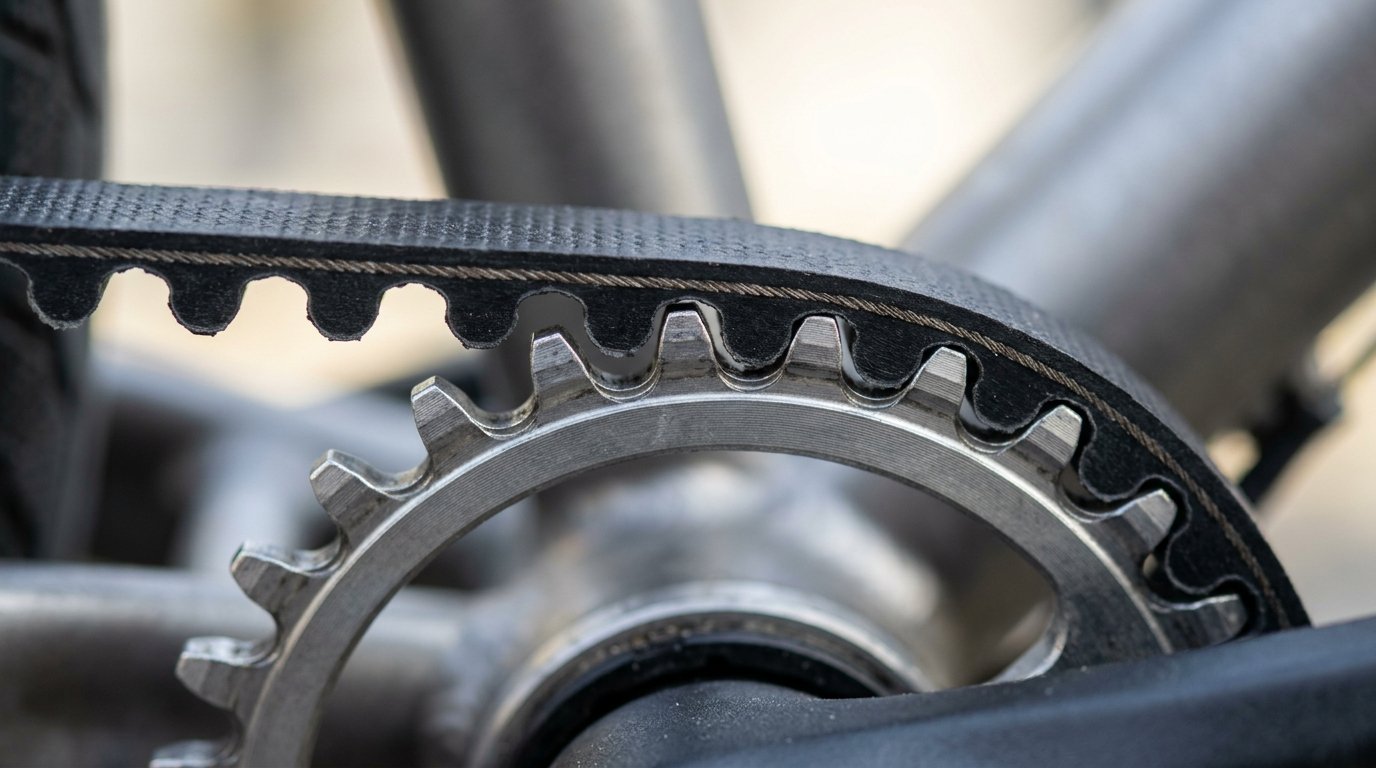 Zahnriemen und Riemenscheibe an einem E-Bike aus der Nähe