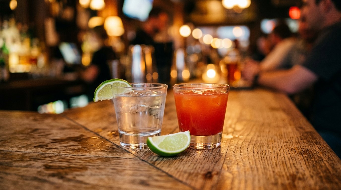 Zwei Gläser mit Tequila und Sangrita nebeneinander