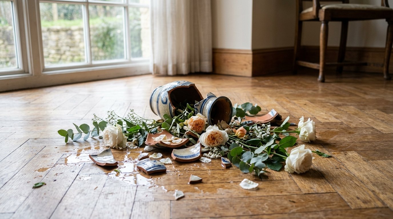 Zerbrochene Vase auf einem Parkettboden