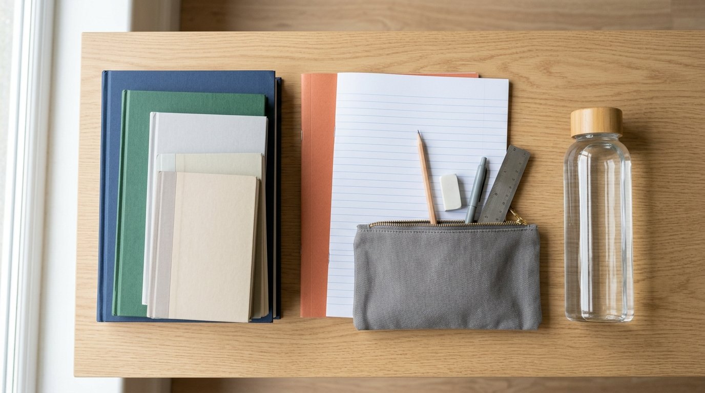 Schreibtisch mit Schulbüchern, Heften und Mäppchen