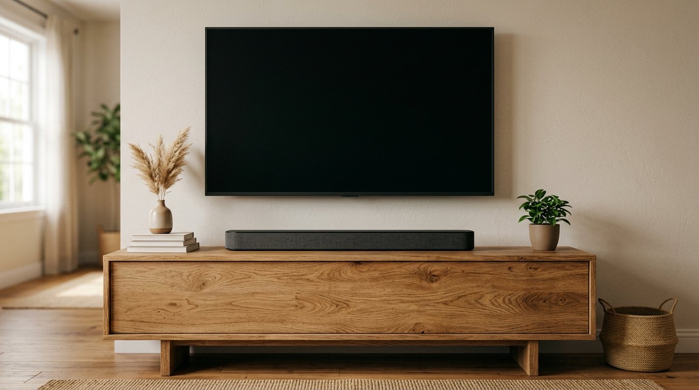 Soundbar unter einem großen Fernseher auf einem Sideboard