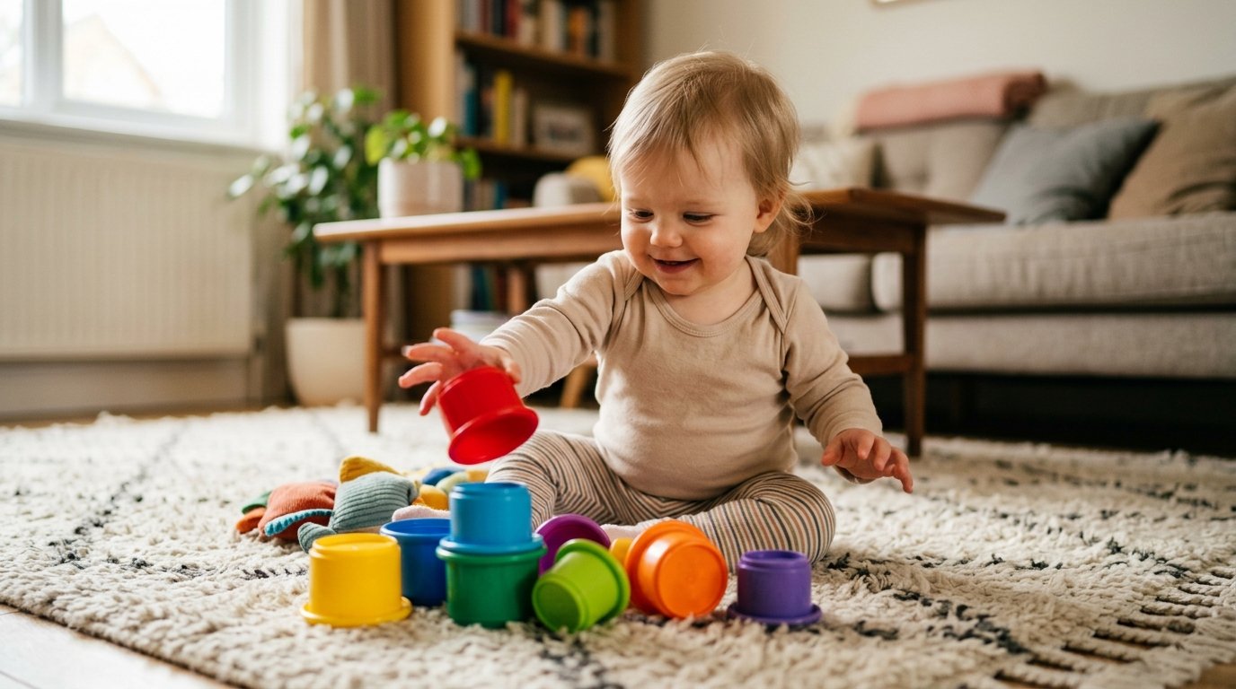 Einjähriges Kind spielt auf dem Teppich mit bunten Stapelbechern