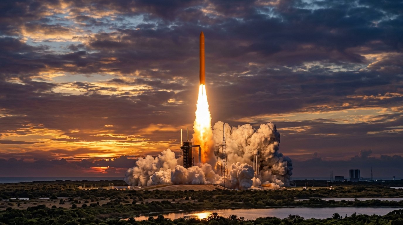 Rakete beim Start in der Abenddämmerung