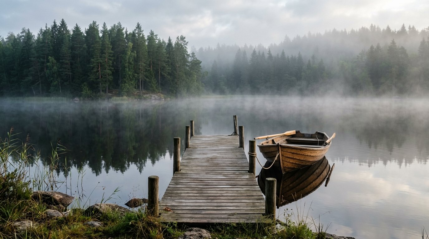 Holzsteg mit Ruderboot an einem stillen See im Wald