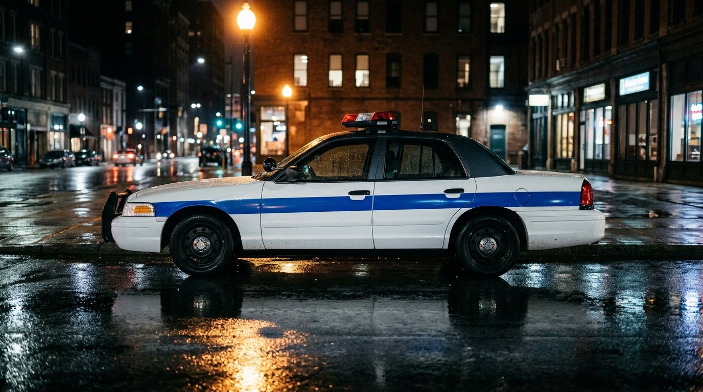 Polizeifahrzeug bei Nacht auf einer Straße