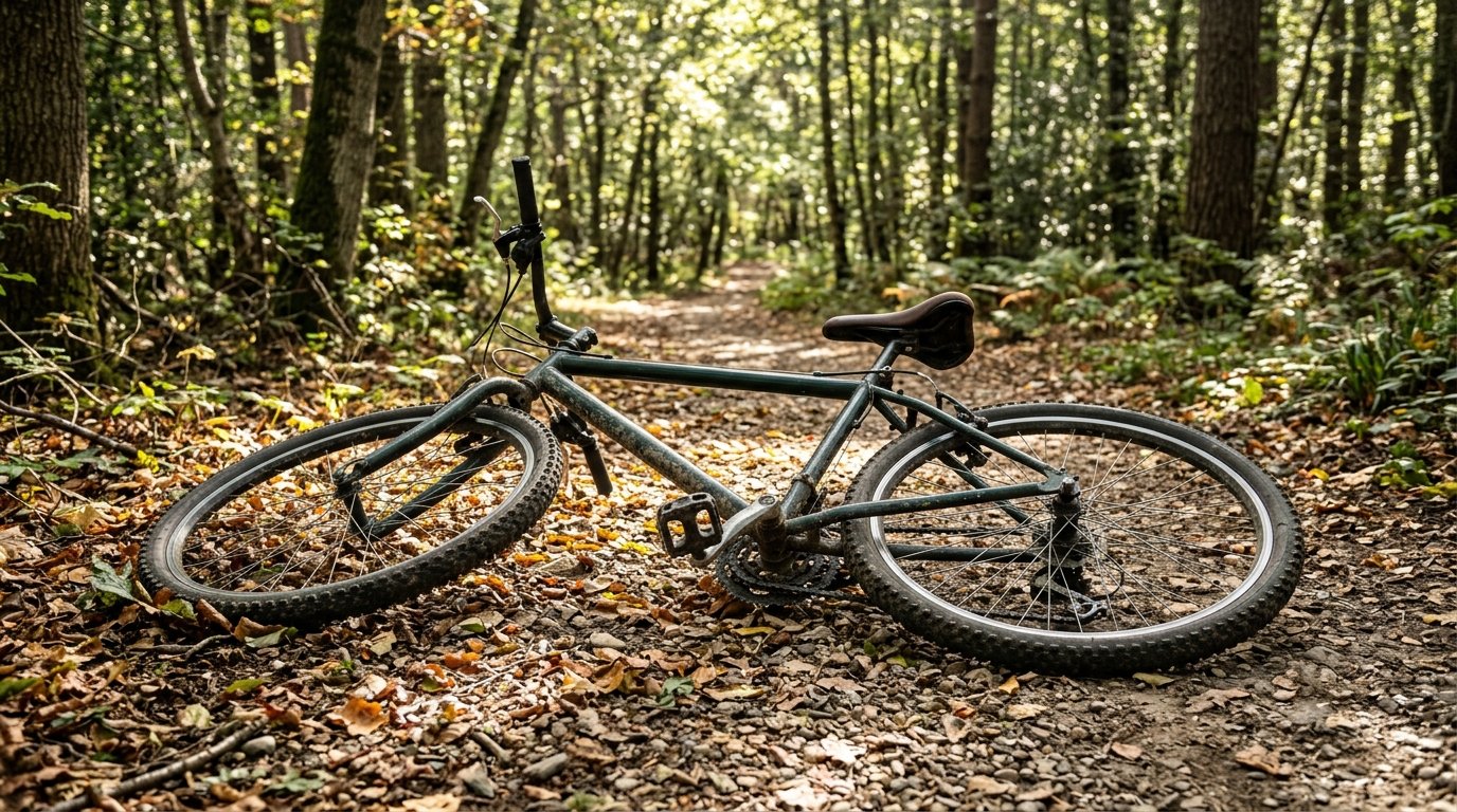 Fahrrad liegt nach einem Sturz auf einem Waldweg