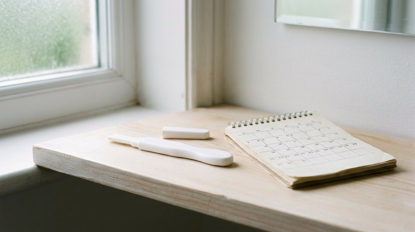 Schwangerschaftstest und Kalender auf einer Ablage
