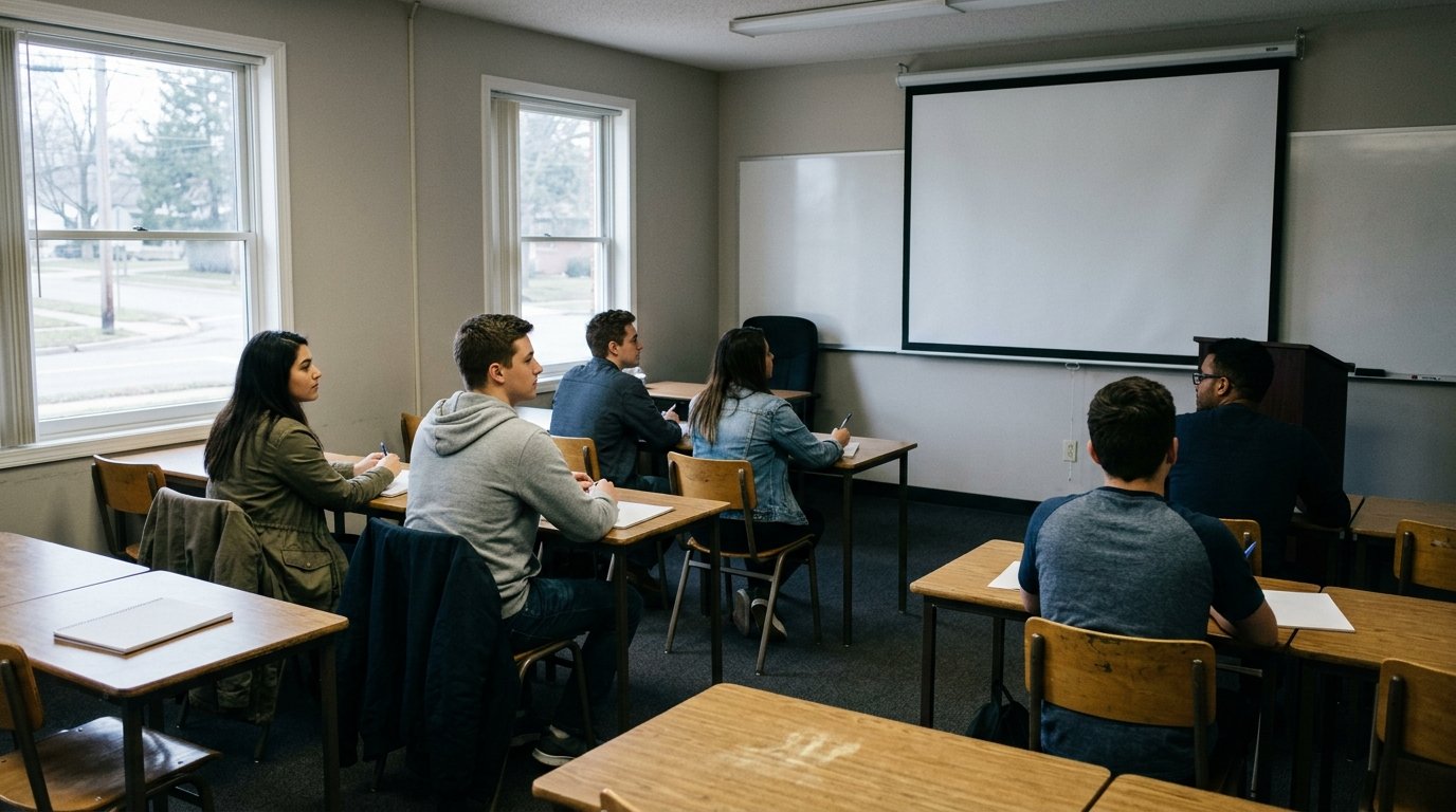 Theorieunterricht in einer Fahrschule mit Fahrschülern im Klassenraum