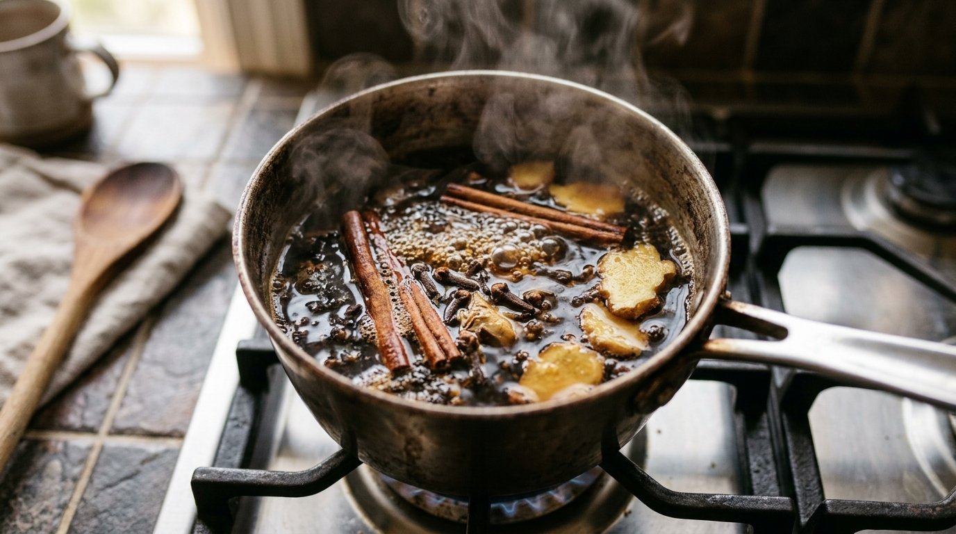 Chai Latte wird im Topf mit ganzen Gewürzen gekocht